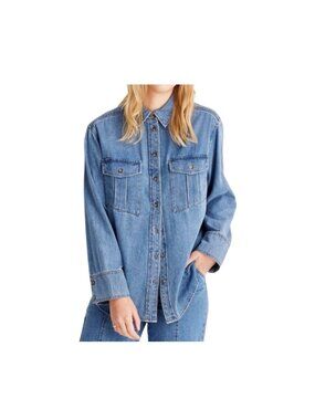 Future Collective Blue Denim Button Front Long Sleeve Shirt Utility Pocket Top